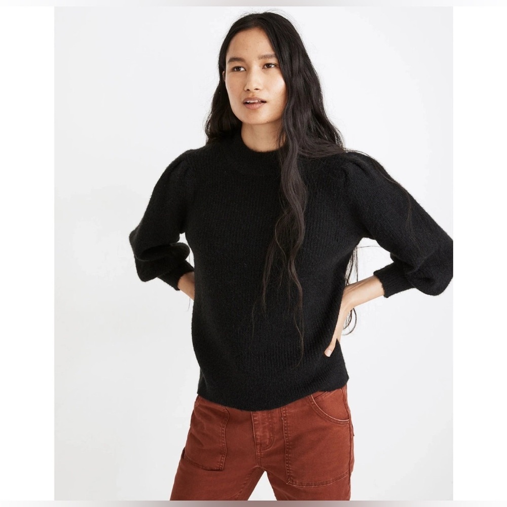 Madewell Women's XXL Black Eaton Puff-Sleeve Pullover Crewneck‎ Sweater Glitter